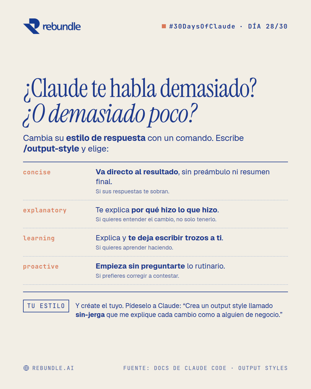 Lámina del tip: los cuatro estilos de respuesta de Claude Code (concise, explanatory, learning y proactive), qué hace cada uno y cuándo usarlo, y cómo crear el tuyo pidiéndoselo a Claude