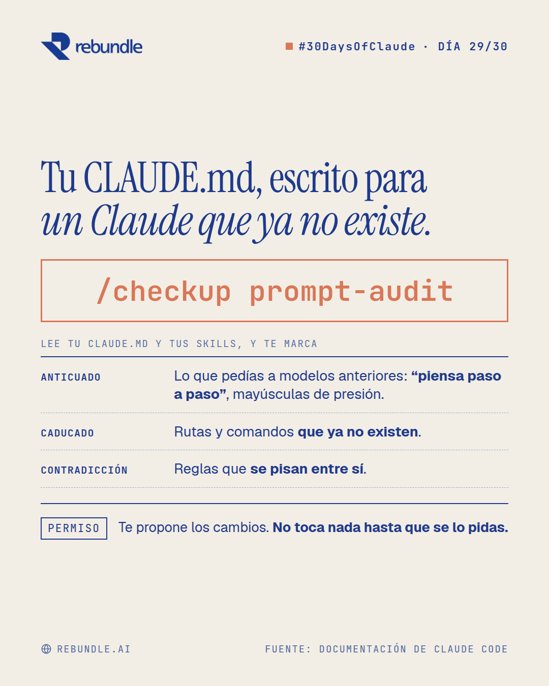 Lámina del tip: el comando /checkup prompt-audit y lo que marca en tu CLAUDE.md: instrucciones para modelos anteriores, rutas caducadas y reglas que se contradicen