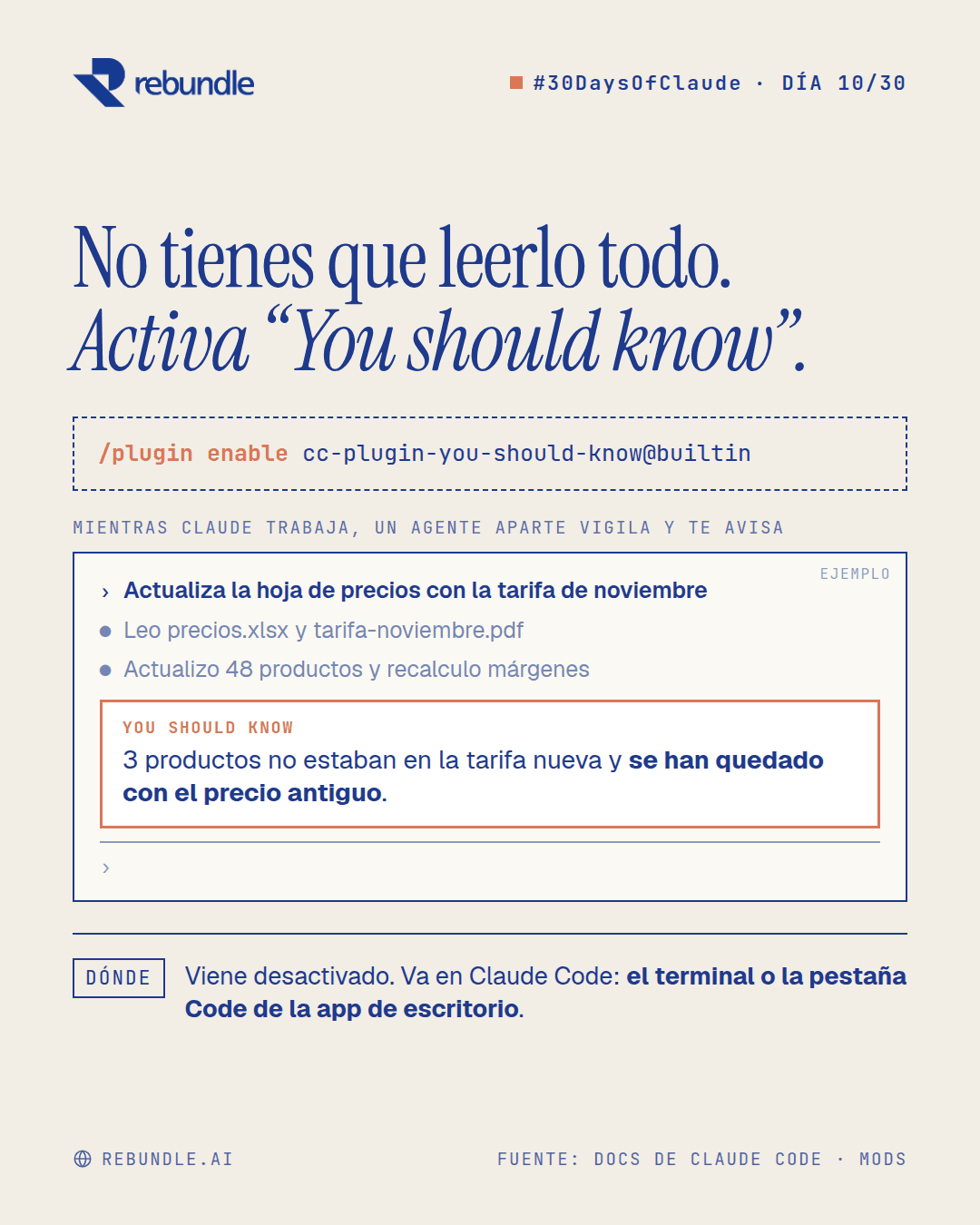 Lámina del tip: el comando para activar You should know y una maqueta de Claude Code actualizando una hoja de precios, con una nota que avisa de que 3 productos se quedaron con el precio antiguo