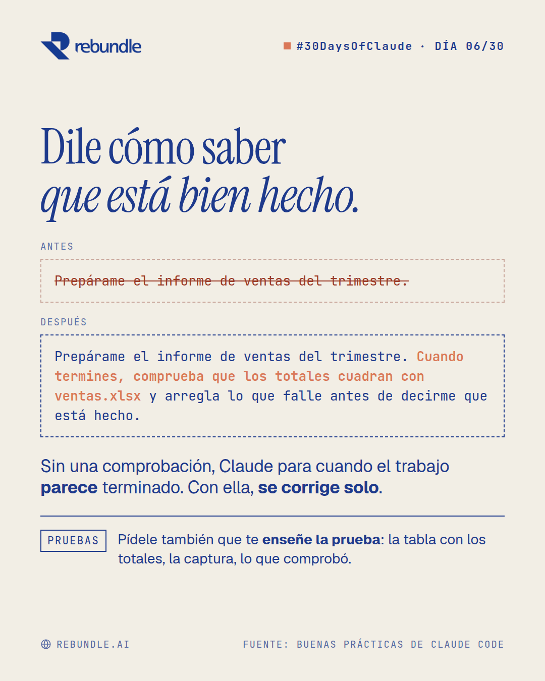 Lámina del tip: el encargo 'prepárame el informe de ventas' tachado, y debajo el mismo encargo con 'cuando termines, comprueba que los totales cuadran con ventas.xlsx'