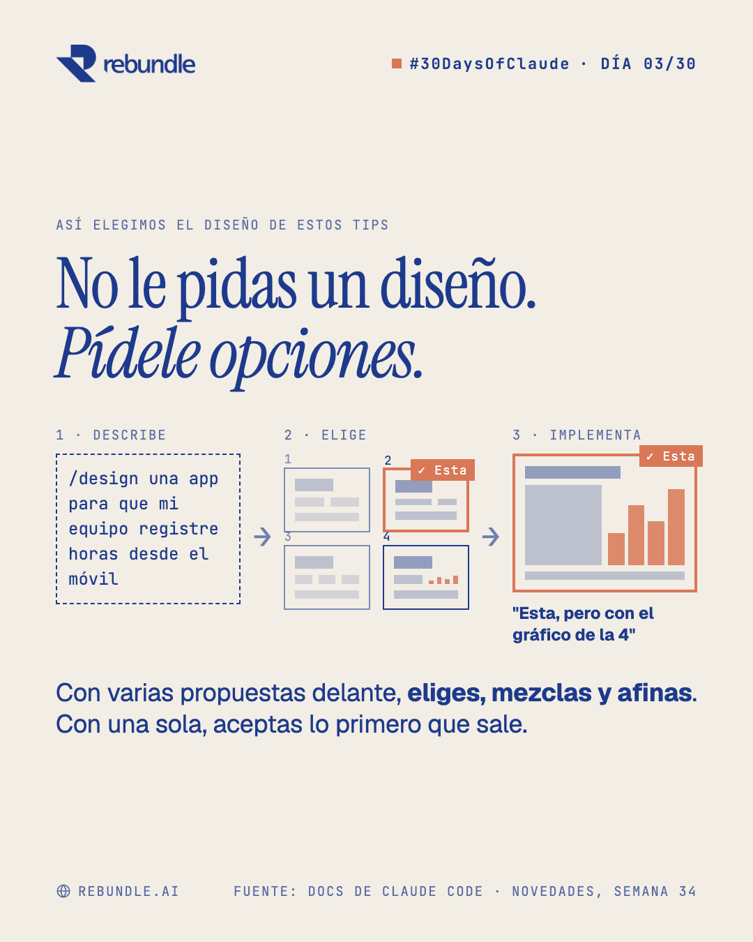 Lámina del tip: describe con /design una app para registrar horas, elige entre cuatro propuestas e implementa la 2 con el gráfico de la 4