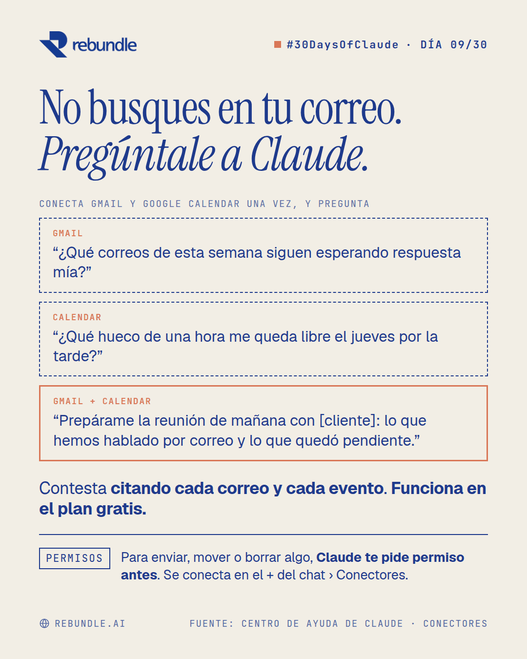 Lámina del tip: tres preguntas a Claude, una sobre Gmail, otra sobre Google Calendar y otra que cruza los dos para preparar una reunión