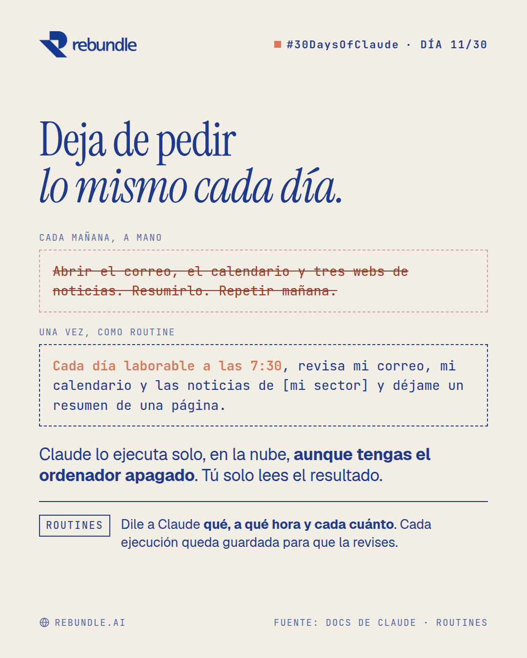 Lámina del tip: la rutina manual de cada mañana tachada (abrir el correo, el calendario y tres webs de noticias) y debajo el mismo encargo escrito una vez como routine para cada día laborable a las 7:30