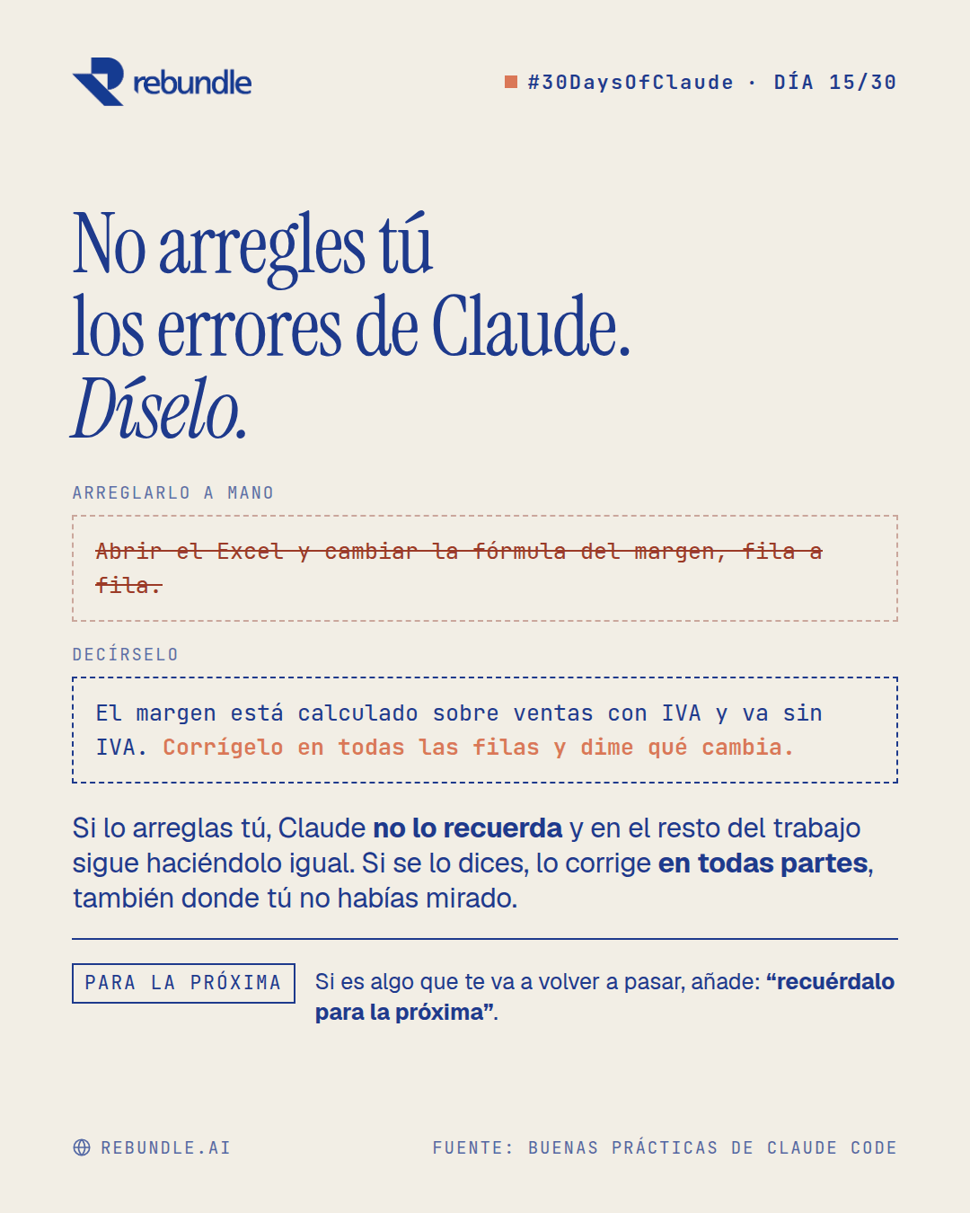 Lámina del tip: arreglar a mano la fórmula del margen en el Excel, tachado, frente a decirle a Claude qué falla y que lo corrija en todas las filas