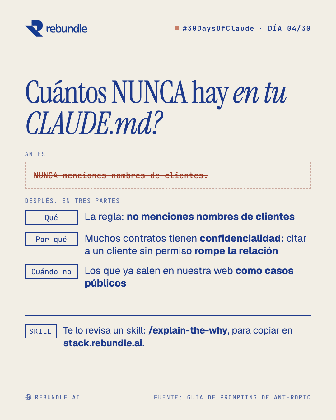 Lámina del tip: la regla NUNCA menciones nombres de clientes, tachada y reescrita en tres partes: qué, por qué y cuándo no