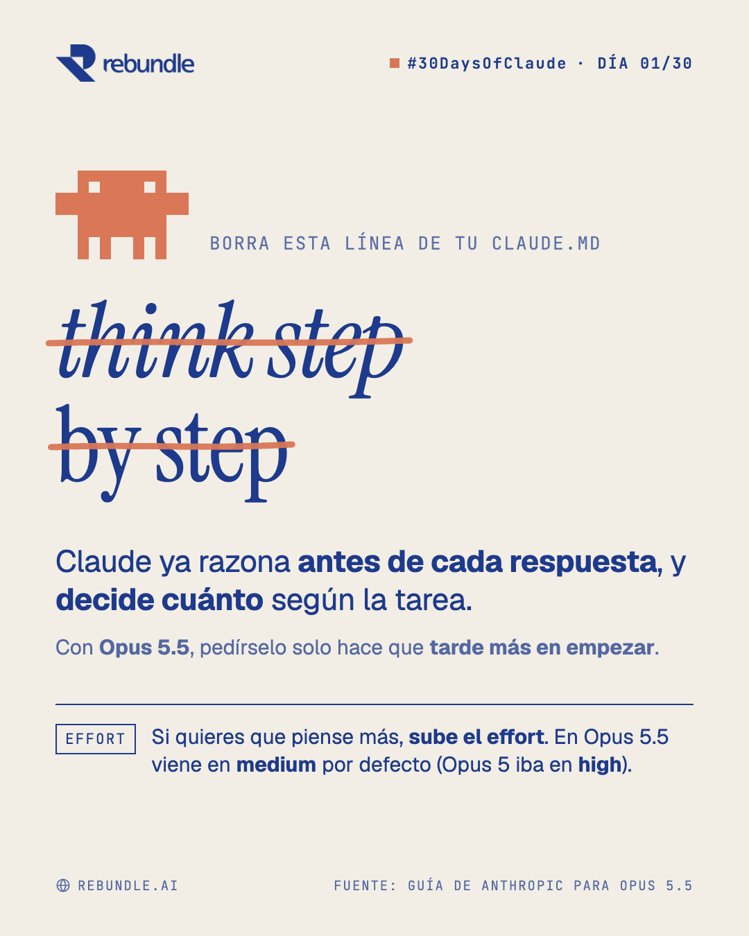 Lámina del tip: tachada la frase think step by step, con la nota de que Opus 5.5 ya razona antes de cada respuesta