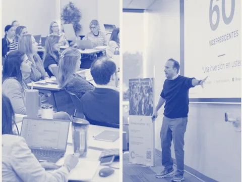 AI Bootcamp para los vicepresidentes de Banco General: el equipo trabajando en sus mesas y el instructor ante el cartel de los 60 vicepresidentes