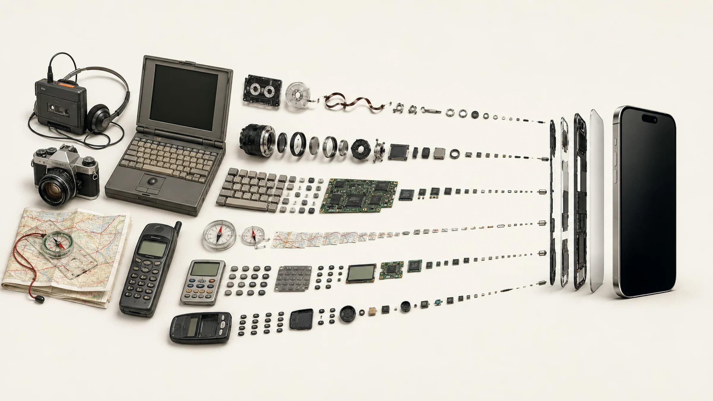 Un Walkman, una cámara réflex, un portátil, un mapa con brújula y varios teléfonos antiguos, despiezados en sus componentes, que se van haciendo más pequeños hasta integrarse en un solo teléfono actual